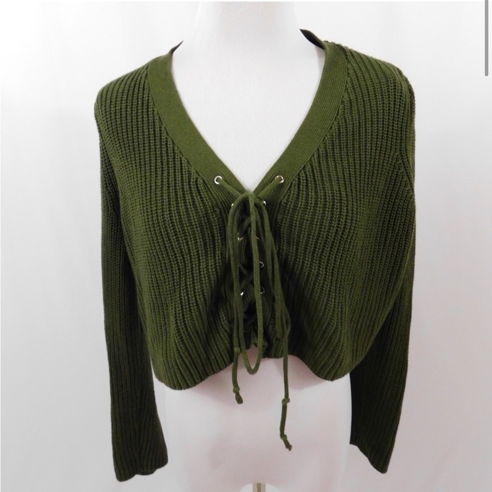 LF Millau Green Lace Up Cropped Knit Sweater
